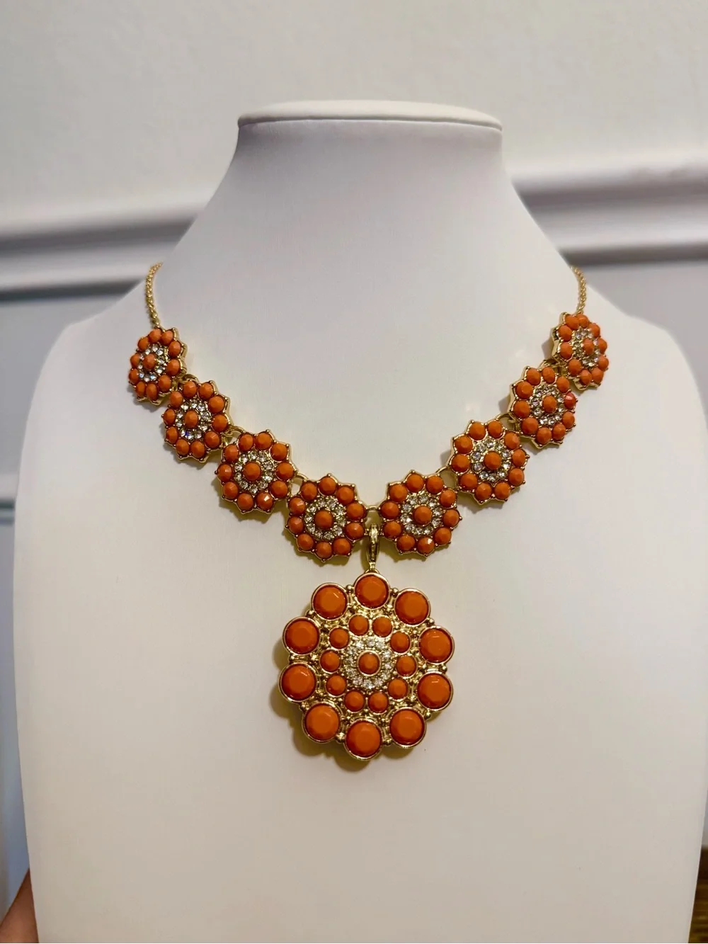Premier Designs “Peachy Keen” Gold-Tone Orange Floral Statement Necklace